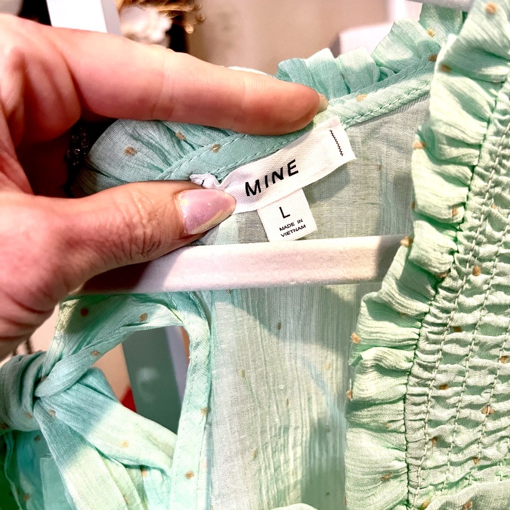 NWOT Mine @ Anthropology Mint Green Puff Sleeve Polka Dot Blouse - Picture 9 of 9